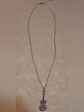 Stainless Silver Tone Necklace 18-20" with Pink Rhinestone Guitar Pendant NWOT